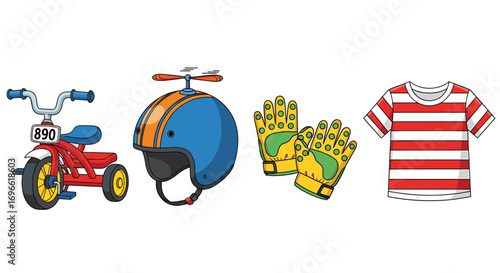 Cheerful Cartoon Still Life of a Child's Tricycle and Attire