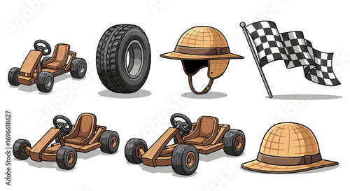 Handcrafted Wooden Go-Karts, Racing Gear, and Checkered Flag on White