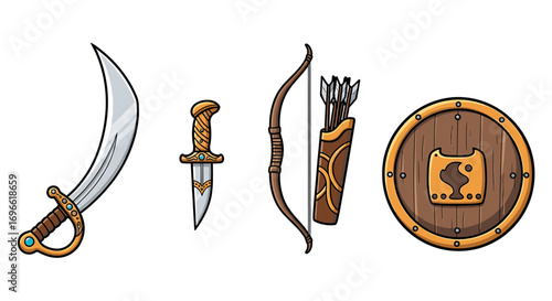 Medieval Warrior Armory: Cartoon Style Sword, Dagger, Bow, Arrows and Shield