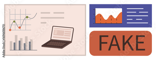 Graphs, charts, and a laptop screen represent data analysis alongside a fake label highlighting misinformation. Ideal for analytics, media, ethics, education, journalism, awareness and research