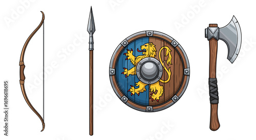 Cartoon Medieval Weapons Set with Bow, Spear, Shield, and Axe