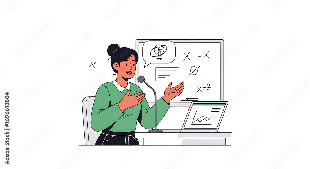 Illustration of a female speaker hosting an online conference, lecture, or podcast from her office Illustration of a female speaker hosting an online conference, lecture, or podcast from her office