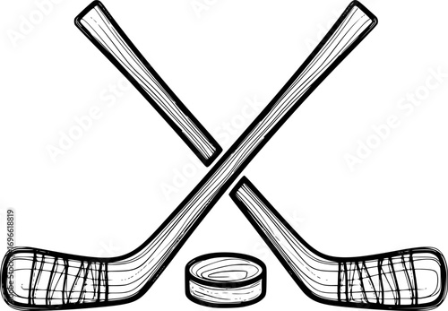 Crossed Hockey Sticks and Puck - Vector Outline Illustration
