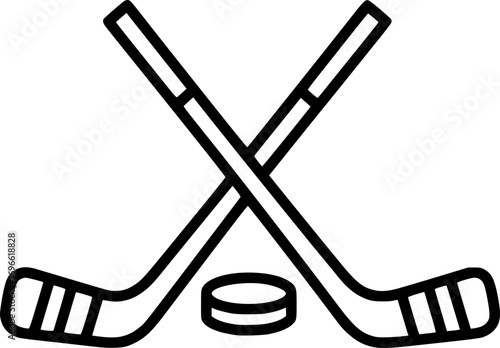 Crossed Hockey Sticks and Puck - Vector Outline Illustration