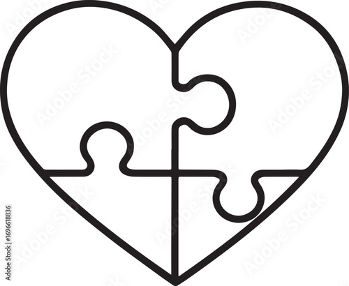 Complete Heart Puzzle: A minimalist line illustration of a heart, composed of three interlocking puzzle pieces, symbolizing unity, completeness, and connection.