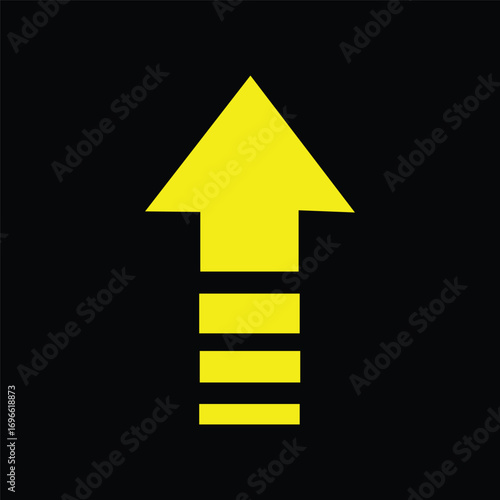 Yellow arrow pointing upwards with horizontal stripes on black background direction movement