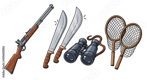 Illustrated Hunting and Exploration Gear Isolated on White Background.
