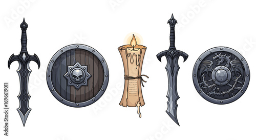 Fantasy Arsenal: Swords, Shields, and Scroll with a Lit Candle