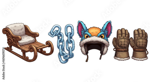 Winter Holiday Set: Sleigh, Chain, Animal Hat, and Gloves