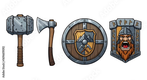 Cartoon Illustration of Dwarf Weaponry with an Axe, Hammer, and Shields