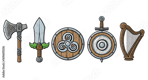 Celtic themed warrior equipment including sword, shields, axe and harp
