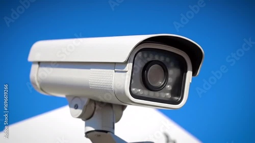 Surveillance Security: A modern security camera stands vigilantly against a vibrant blue backdrop, symbolizing watchful protection and the advanced technology guarding property and safety.