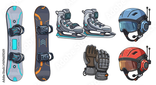 Futuristic Winter Sports Gear Isolated Illustration with Snowboards and Skates