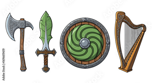 Celtic symbols: Cartoon illustration of traditional cultural emblems on white