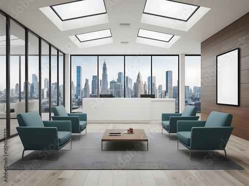 Contemporary Office Lobby with Poster Mockup and City View, 3D Illustration
