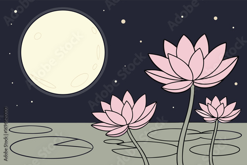 Pink lotus blossoms float serenely on the water under the light of the moon