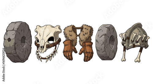 Stone Age Tools and Gear on Display Against White Background