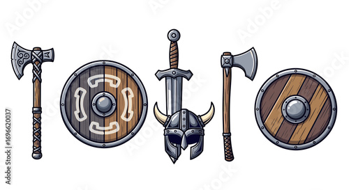 Viking Weapons and Armor Arrangement on White Background, Stylized Illustration