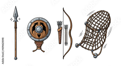 Cartoon medieval weapons set with spear, shield, bow and net