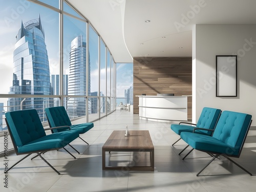 Modern Office Space with Reception Desk, Seating Area and Blank Poster
