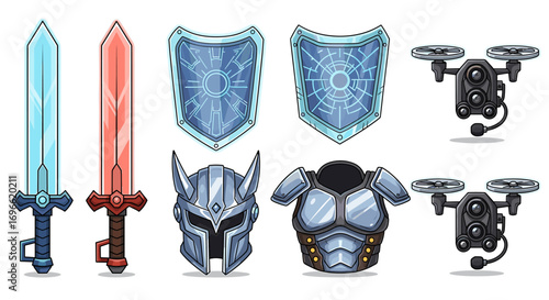 Fantasy Game Assets: Swords, Shields, Armor and Drones on White