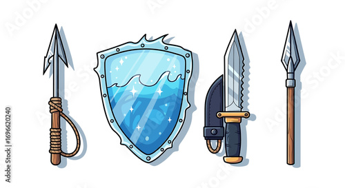 Cartoon Fantasy Weaponry Isolated on White Background: Spear, Shield and Knife