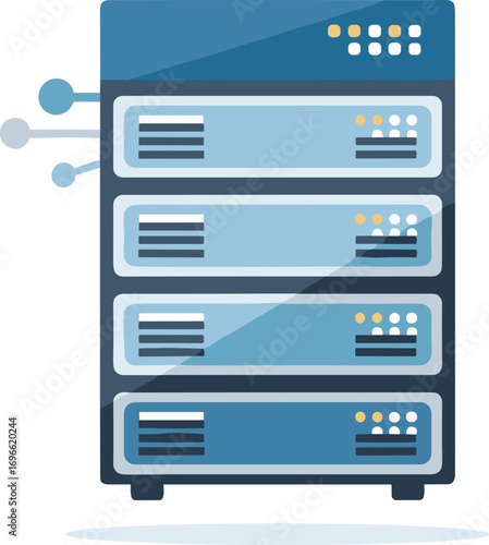 Server rack with multiple hard drives and network connections