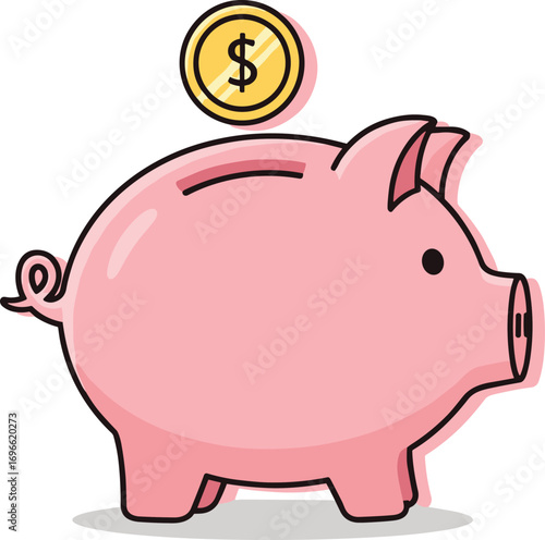 Pink Piggy Bank with Dollar Coin Dropping