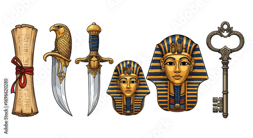 Assorted Egyptian Artifacts: Scroll, Daggers, Pharaoh's Mask, and an Antique Key