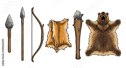 Stone Age Tools and Animal Fur Illustration on White Background