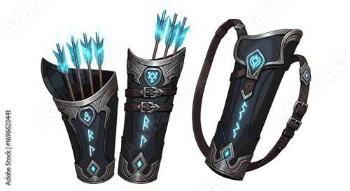 Elaborate archer quiver collection with glowing arrows, runes, and intricate details.