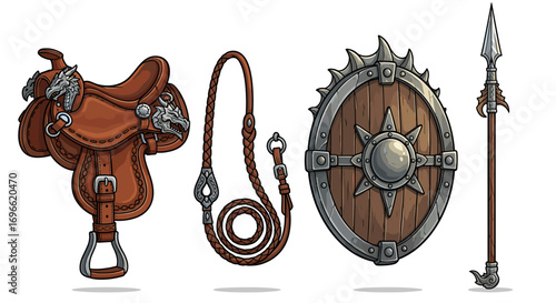 Equestrian Saddle, Whip, Shield, and Spear Collection Isolated on White