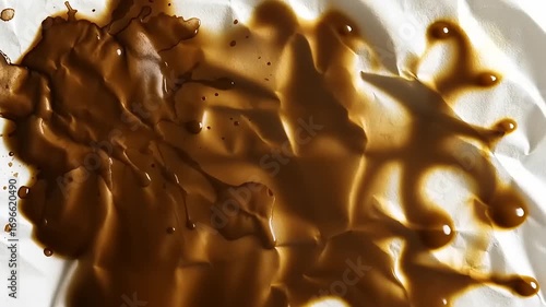 Gradual coffee or caramel spread animation on white wrinkled paper texture background