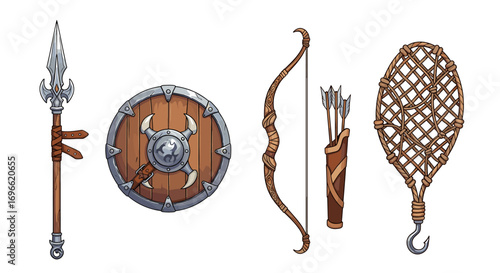 Fantasy warrior weapon set including shield, spear, bow and snare