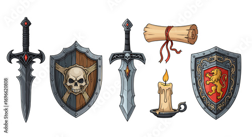 Fantasy Weaponry and Armor: Cartoon Swords, Shields, Scroll and Candle