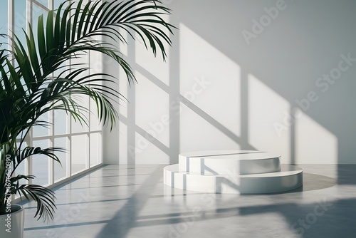 White Minimalist Pedestal with Natural Greenery and Soft Sunlight