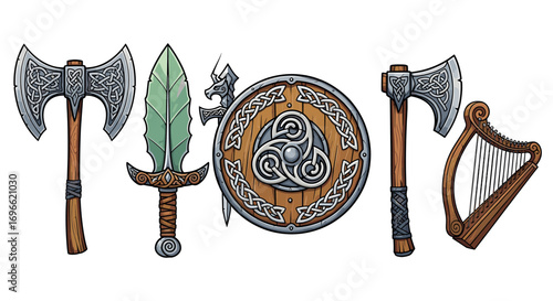 Celtic Fantasy Weaponry and Musical Instrument Collection on White Background