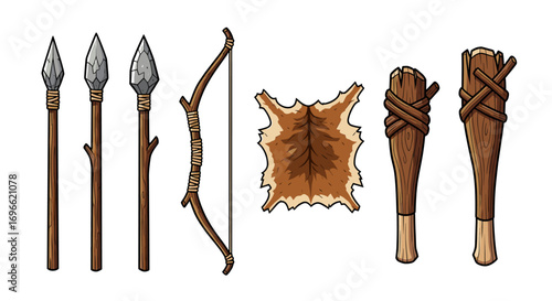 Primitive Hunting Tools: Spear, Bow, Animal Hide and Stone Age Club