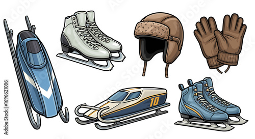Winter Sports Equipment Cartoon Illustration with Skates and Sleds