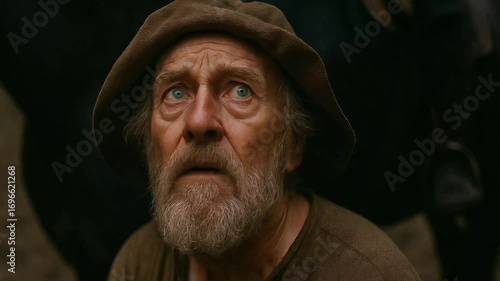 Worried Medieval Peasant Elder Looking Up (seamless loop)