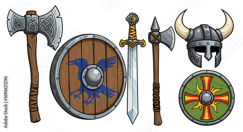 Cartoon Viking weapons and armor set with axes, swords, and shields