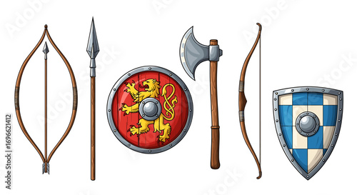 Medieval weaponry set with bows, spear, shield, and axe illustration