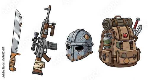 Cartoon Post-Apocalyptic Survival Gear: Machete, Rifle, Helmet, Backpack