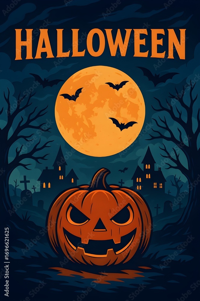 Fototapeta premium halloween background with pumpkin night with Haunted Houses, Full Moon, and Glowing Pumpkin