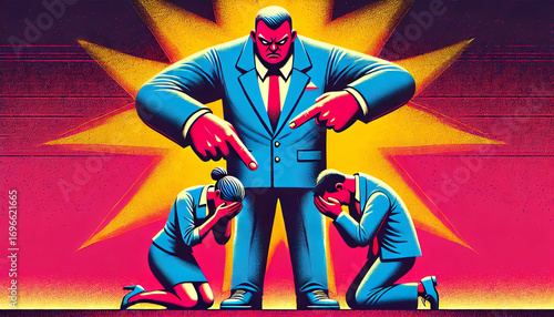 A bold and vibrant conceptual illustration of workplace hierarchy and power dynamics