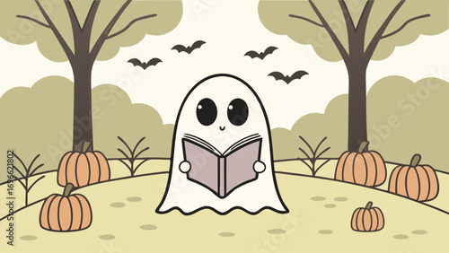 Adorable ghost happily reads a book in a field surrounded by pumpkins beneath flying bats
