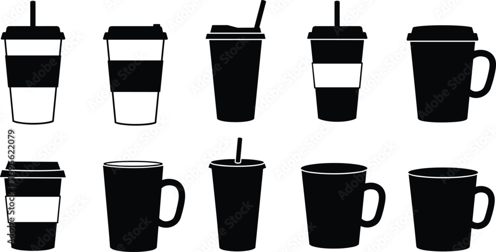 Fototapeta premium Silhouette vector of takeaway coffee cups and mugs with sleeves, lids, and straws, perfect for cafe and beverage branding.