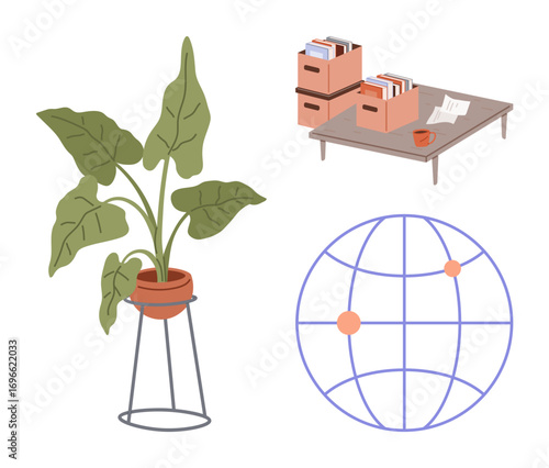 Plant on decorative stand, table with files, coffee, and papers, and a globe with points marked. Ideal for workspace organization, decor, sustainability, global reach productivity minimalism