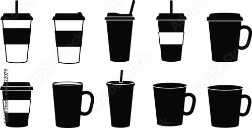 Silhouette vector of takeaway coffee cups and mugs with sleeves, lids, and straws, perfect for cafe and beverage branding.