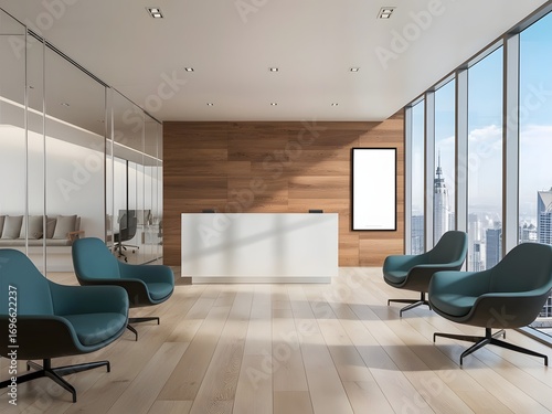 Contemporary Workspace Interior with Sofa Seating and Poster Frame, 3D Render